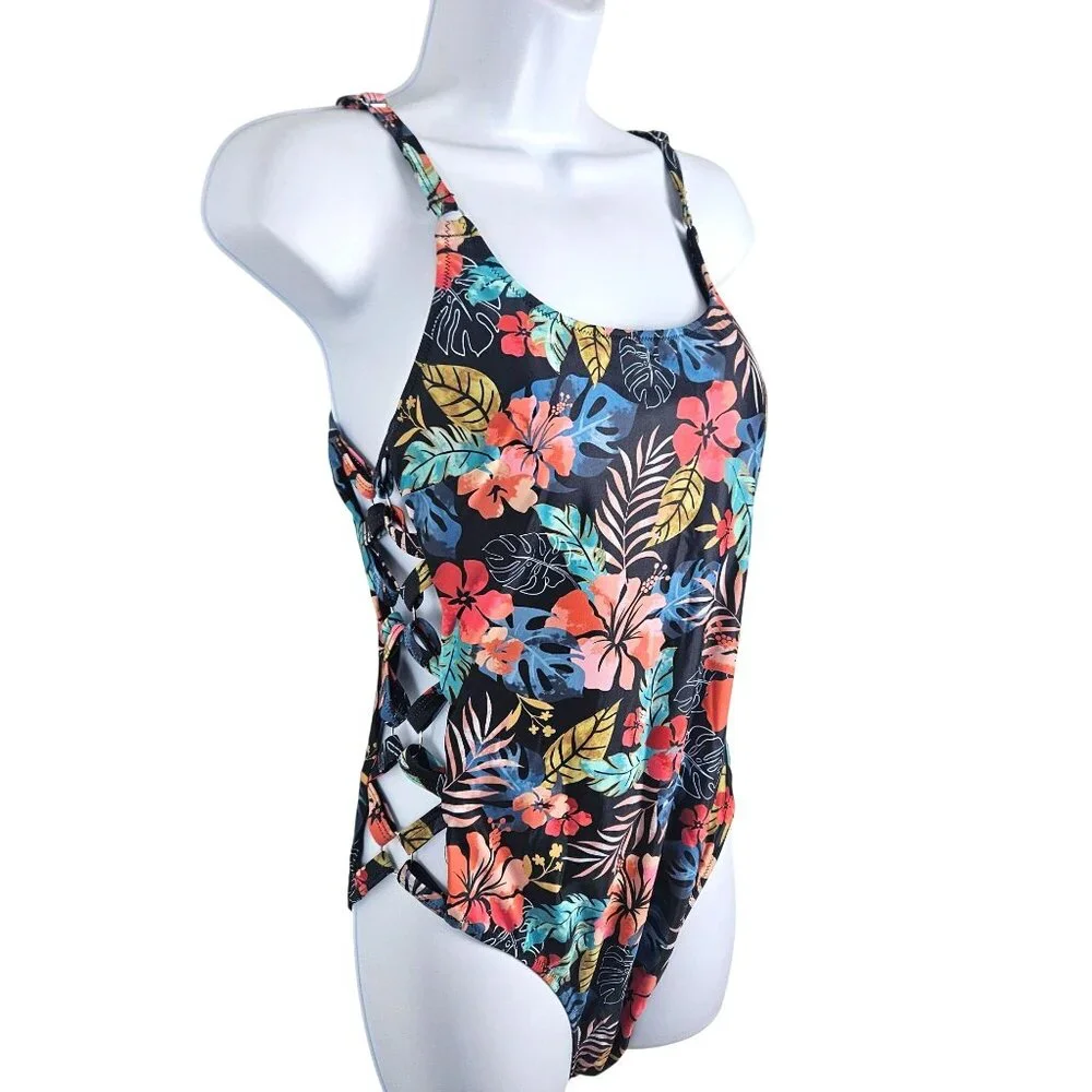 Tempt Me Womens Large Tropical Floral One-Piece Swimsuit Crisscross Sides Beach